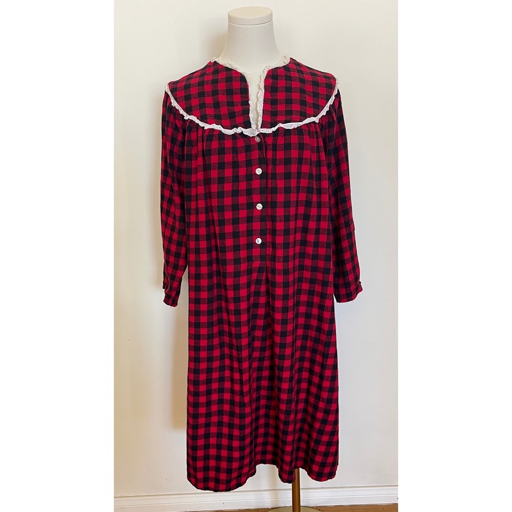 Lanz of Salzburg Warm Cotton Flannel Nightgown Red Back White Trim Tulip Details